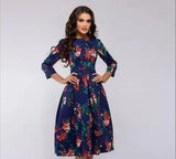 Fashion Women A - line Dress Party Retro Floral Round Neck Lady Dress - Zeprah