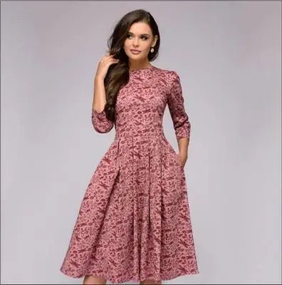 Fashion Women A - line Dress Party Retro Floral Round Neck Lady Dress - Zeprah