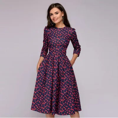 Fashion Women A - line Dress Party Retro Floral Round Neck Lady Dress - Zeprah