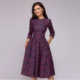 Fashion Women A - line Dress Party Retro Floral Round Neck Lady Dress - Zeprah