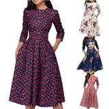 Fashion Women A - line Dress Party Retro Floral Round Neck Lady Dress - Zeprah