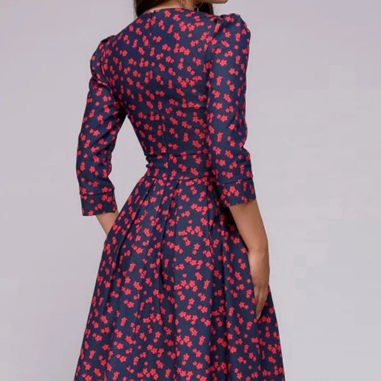 Fashion Women A - line Dress Party Retro Floral Round Neck Lady Dress - Zeprah