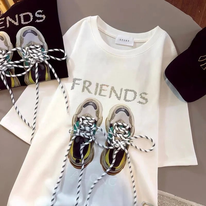 Fashionable Cotton Short Sleeve T-Shirt Women's 2025 Summer Unique Loose Large Edition Strap Shoes Half Sleeve Top - Zeprah