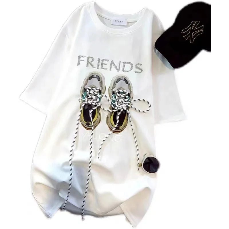 Fashionable Cotton Short Sleeve T-Shirt Women's 2025 Summer Unique Loose Large Edition Strap Shoes Half Sleeve Top - Zeprah