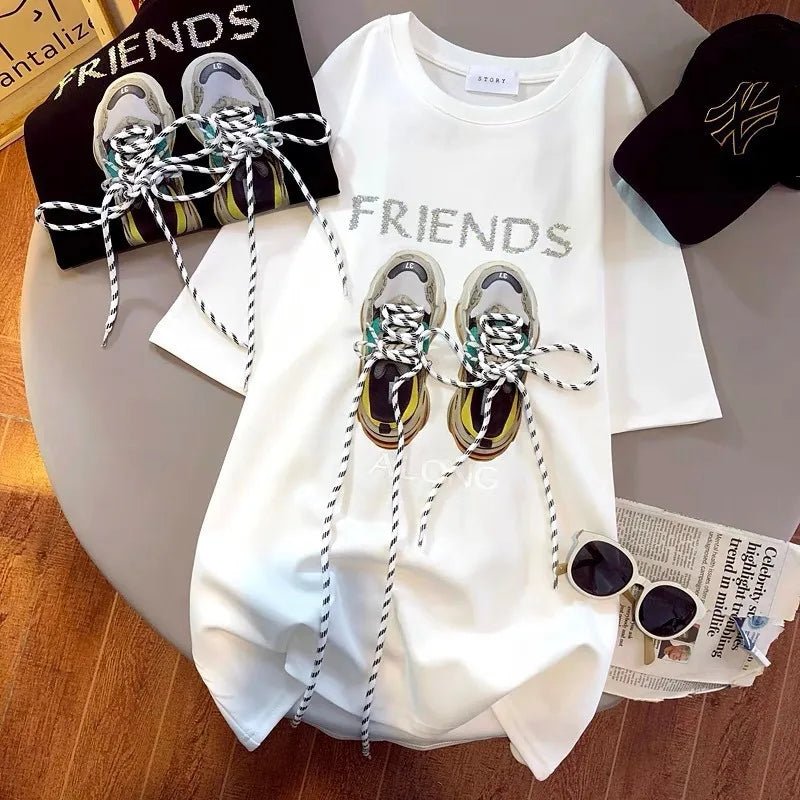 Fashionable Cotton Short Sleeve T-Shirt Women's 2025 Summer Unique Loose Large Edition Strap Shoes Half Sleeve Top - Zeprah