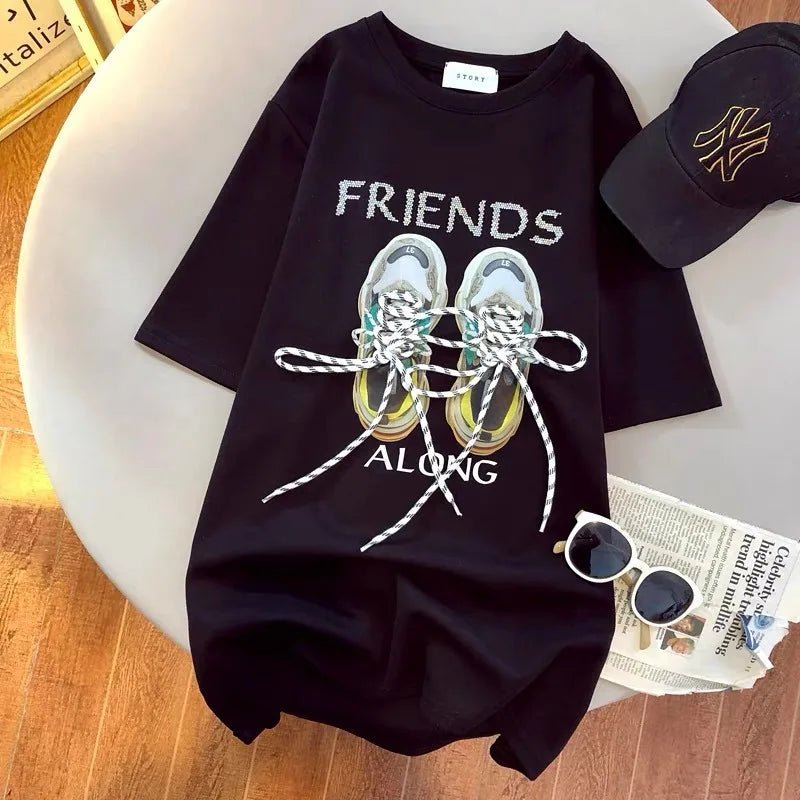 Fashionable Cotton Short Sleeve T-Shirt Women's 2025 Summer Unique Loose Large Edition Strap Shoes Half Sleeve Top - Zeprah