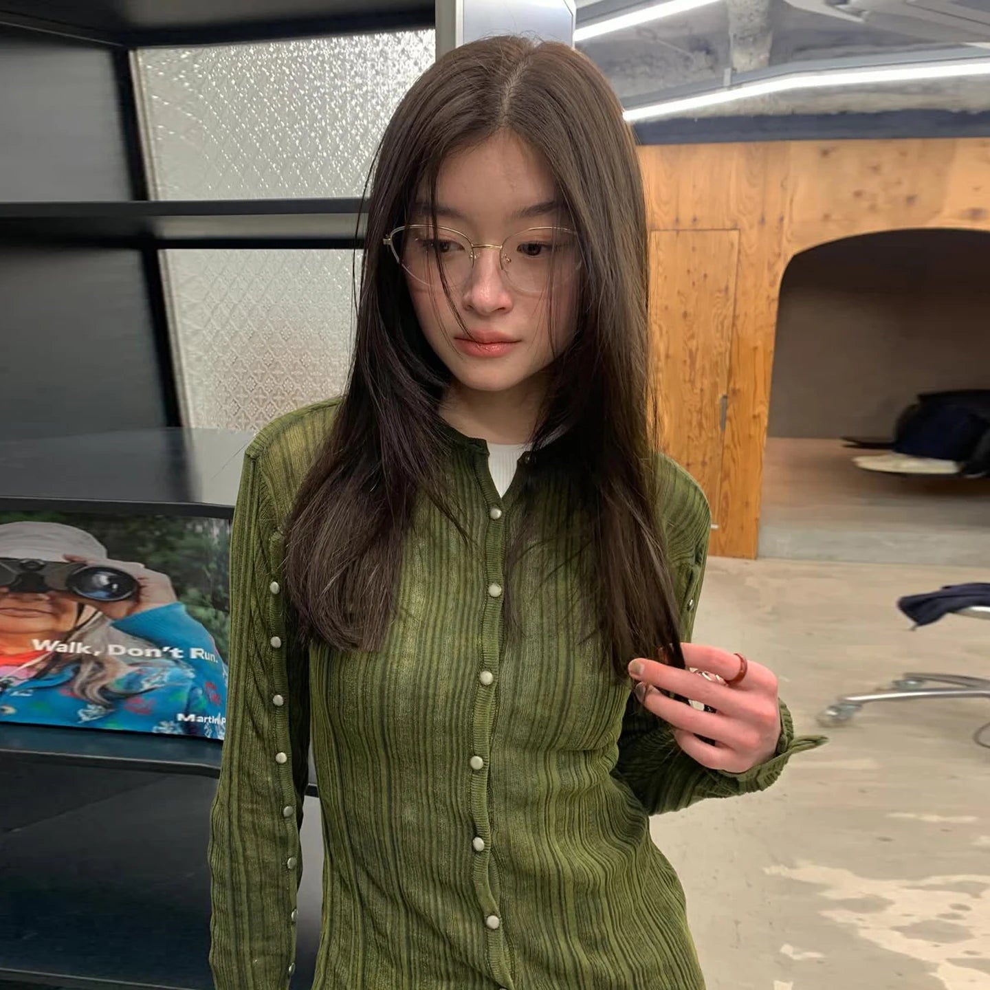 Fashionable Green Girl's Polyester Button Crocheted Cardigan with Elegant Temperament Long Sleeved Top Winter Casual - Zeprah