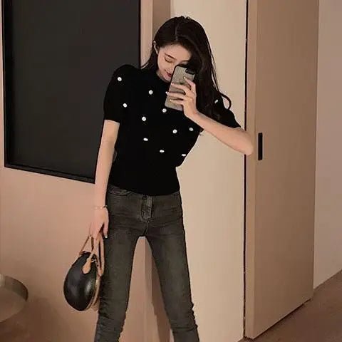Fashionable Korean - style Knitwear Women's T-shirts Beads Exquisite Elegant Summer Slim New Style Knitwear Top All - match - Zeprah