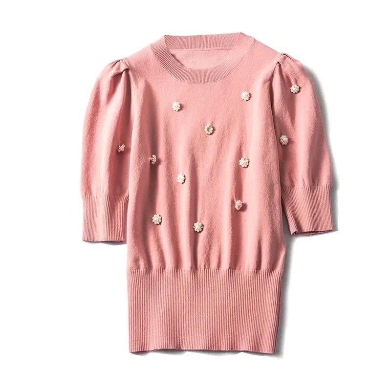 Fashionable Korean - style Knitwear Women's T-shirts Beads Exquisite Elegant Summer Slim New Style Knitwear Top All - match - Zeprah
