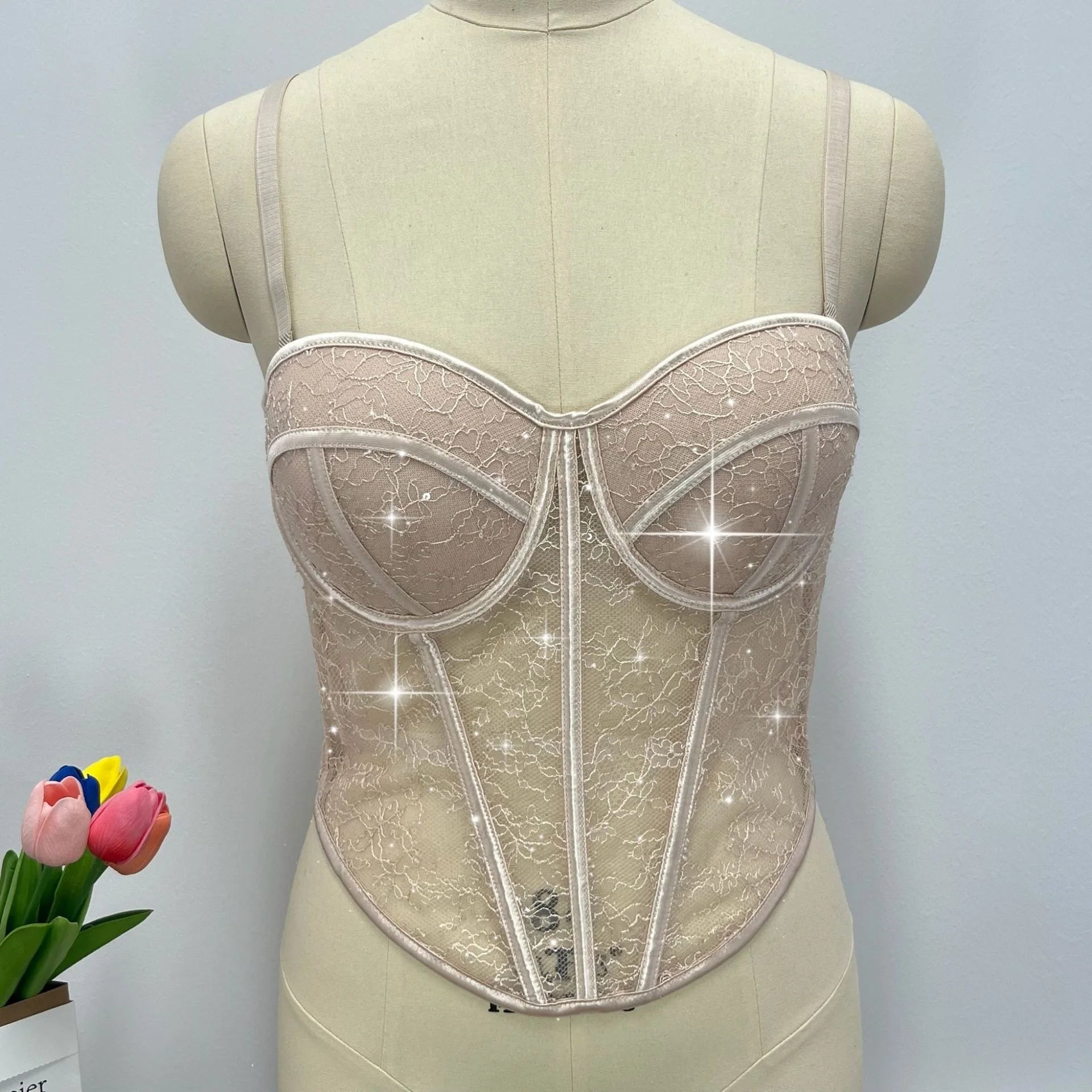Fashionable Sequined Lace Outer - Wear Boned Top - Mesh High - End Sheer Backless Spaghetti Strap Bandeau - Zeprah