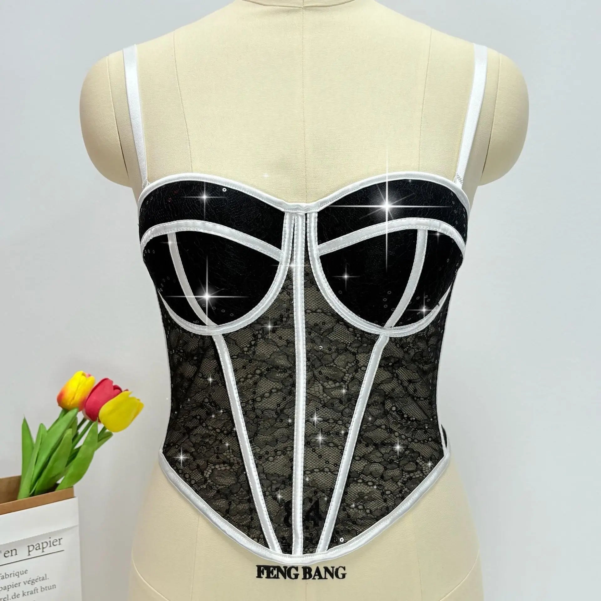 Fashionable Sequined Lace Outer - Wear Boned Top - Mesh High - End Sheer Backless Spaghetti Strap Bandeau - Zeprah