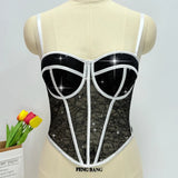 Fashionable Sequined Lace Outer - Wear Boned Top - Mesh High - End Sheer Backless Spaghetti Strap Bandeau - Zeprah