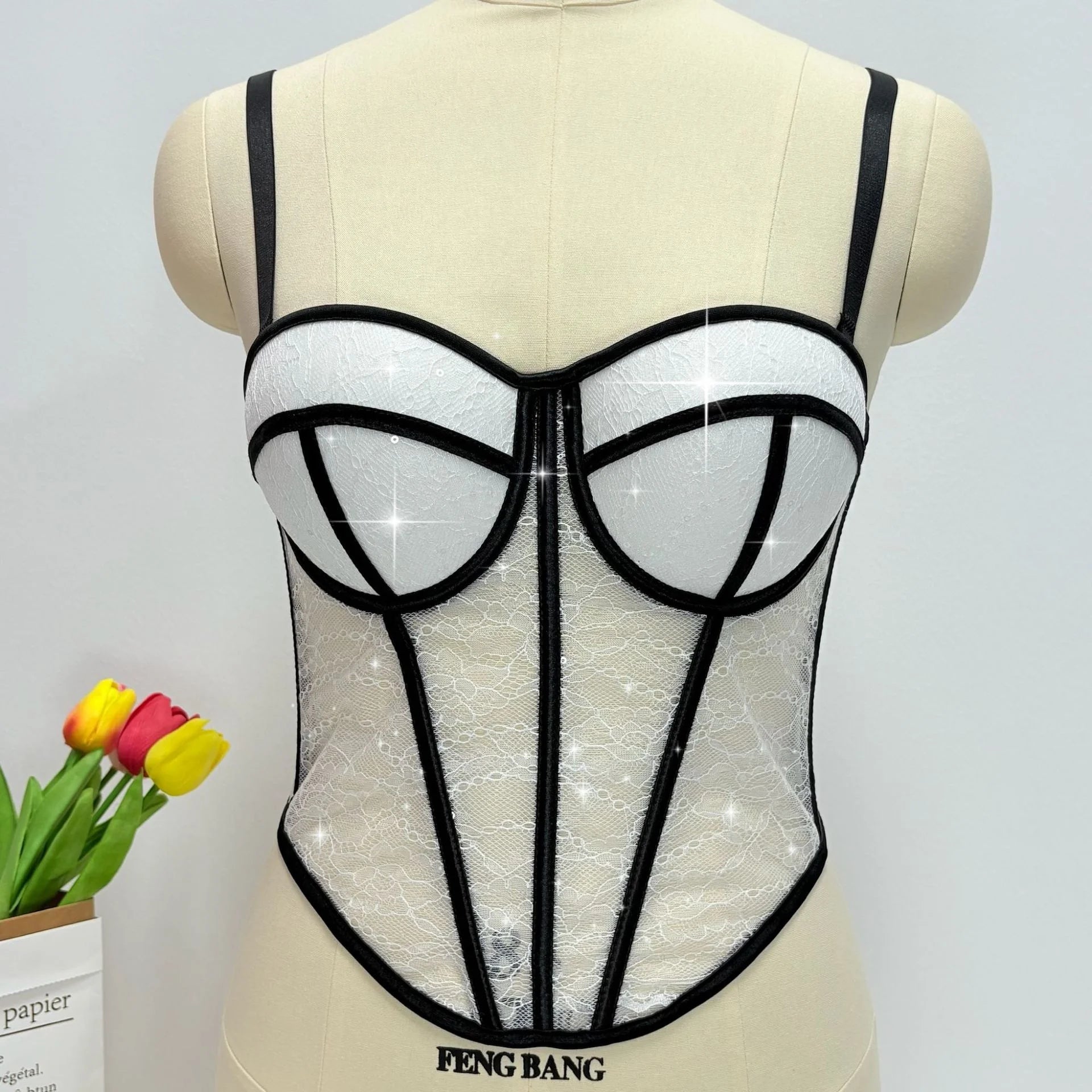 Fashionable Sequined Lace Outer - Wear Boned Top - Mesh High - End Sheer Backless Spaghetti Strap Bandeau - Zeprah