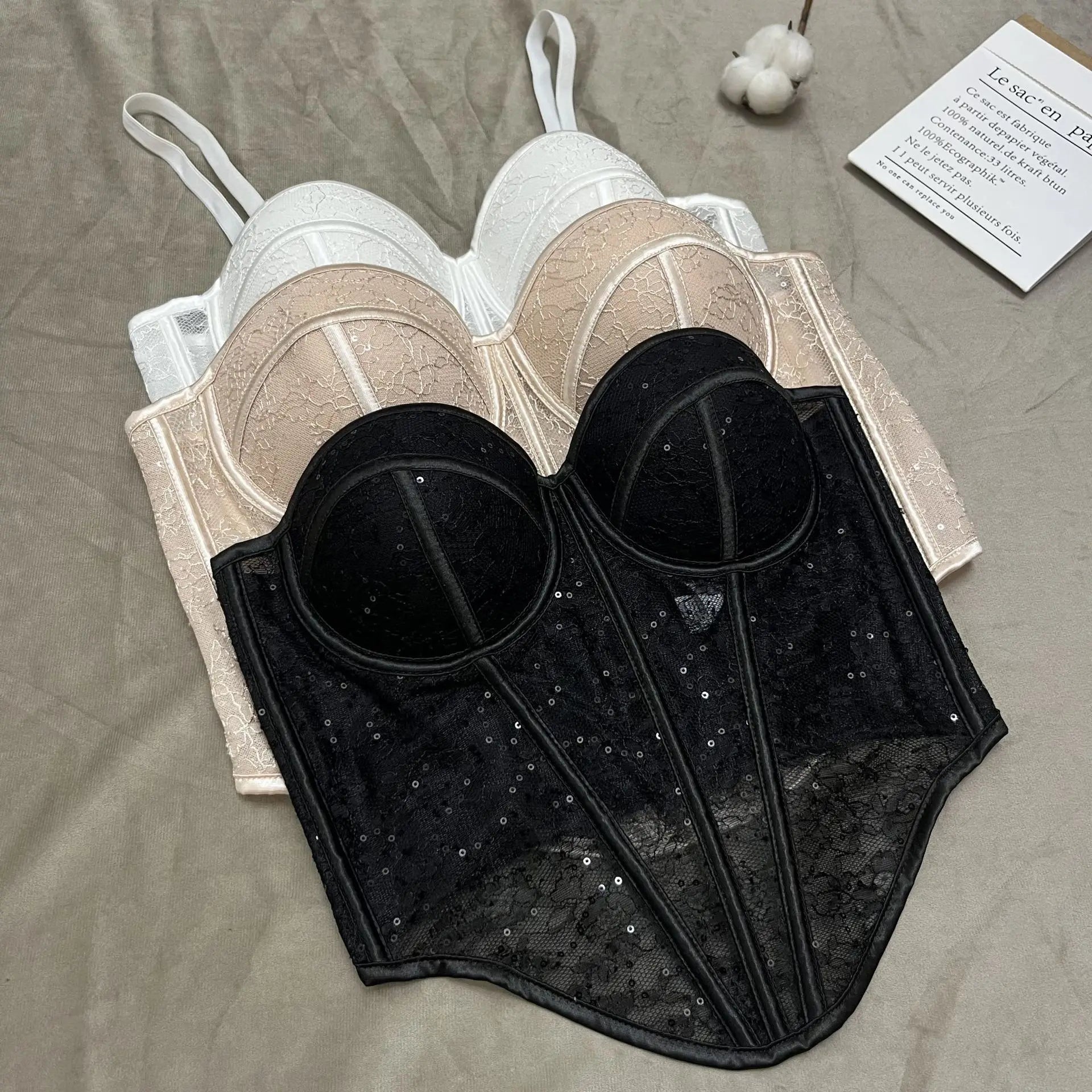 Fashionable Sequined Lace Outer - Wear Boned Top - Mesh High - End Sheer Backless Spaghetti Strap Bandeau - Zeprah