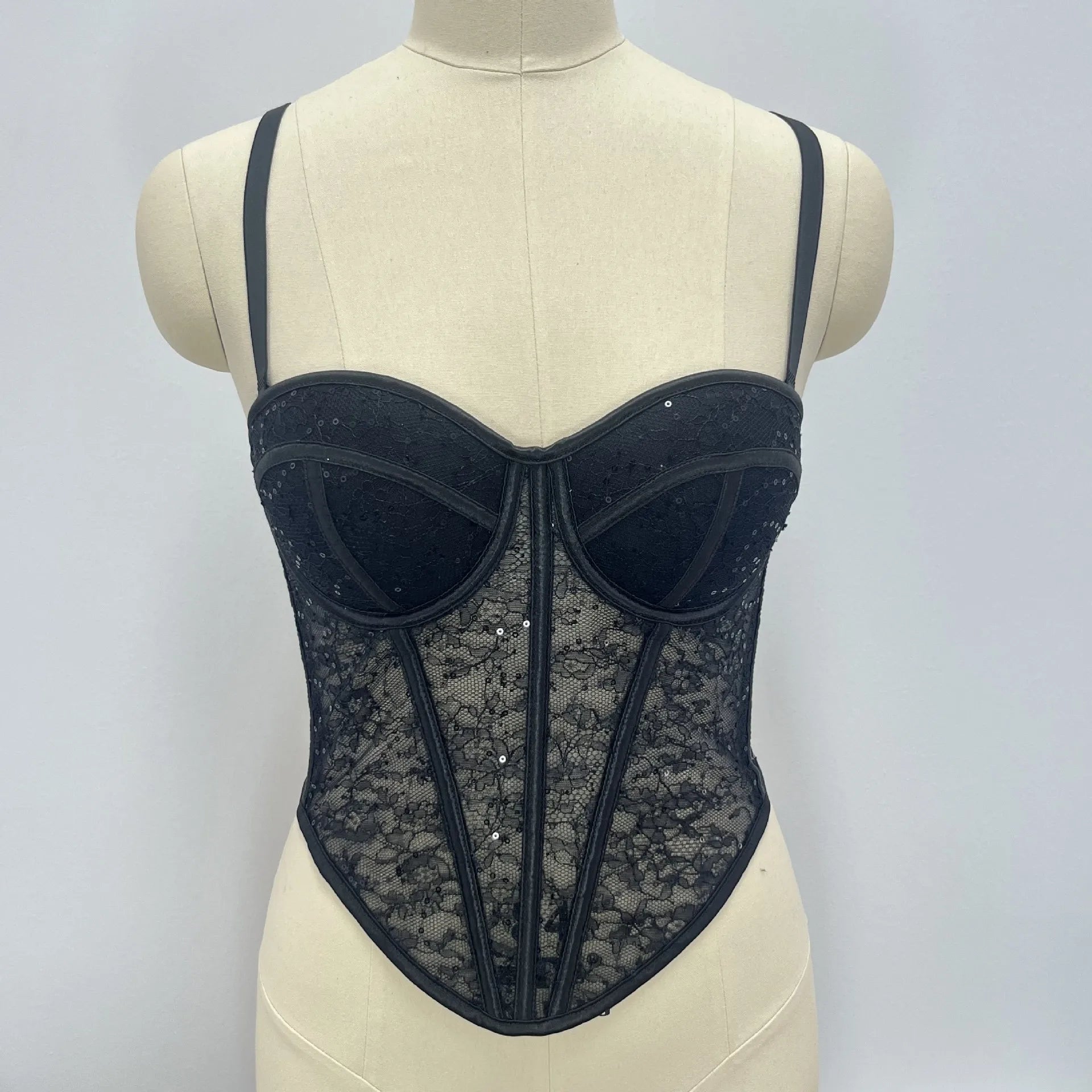 Fashionable Sequined Lace Outer - Wear Boned Top - Mesh High - End Sheer Backless Spaghetti Strap Bandeau - Zeprah