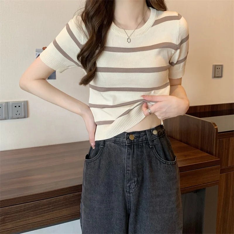 Fashionable Short - sleeved Blouse Best Sale Tops for Women Knitted Short Sleeve T-shirt - Zeprah