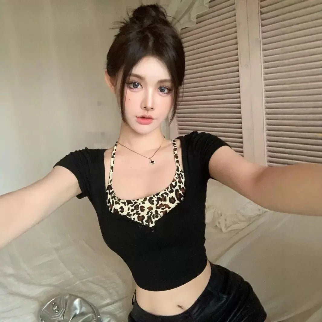Faux Two - piece Leopard - Print Neck Tight Short T-Shirt Women's Sexy Sweet Cool Spice Girl Summer Top - Zeprah