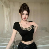 Faux Two - piece Leopard - Print Neck Tight Short T-Shirt Women's Sexy Sweet Cool Spice Girl Summer Top - Zeprah