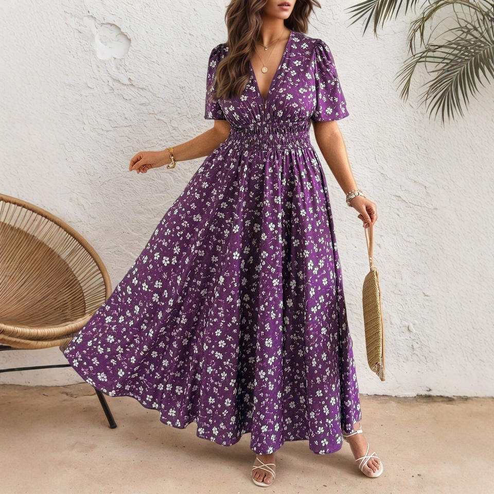 Plus Size Women Ditsy Floral Print V Neck Puff Short Sleeve A-Line Maxi Dress Flowy Summer Sundress Ladies Casual Long Dress