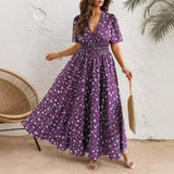 Plus Size Women Ditsy Floral Print V Neck Puff Short Sleeve A-Line Maxi Dress Flowy Summer Sundress Ladies Casual Long Dress