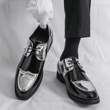 Men Patent Leather Wingtip Brogue Dress Shoes Gold Metallic Accent Lace up Formal Evening Event Comfort Fit Insole