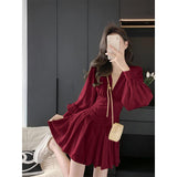 New Yellow V Neck Long Sleeve Mini Dress Waist Ruched Pleated A-Line Casual Dress for Women