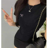 Front-shoulder Bow-knitted Round-neck Short-sleeved T-shirt for Women