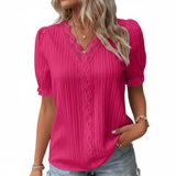 Striking Fuchsia Pink Blouse for Women – Romantic Puff Sleeve Top with Crochet Lace & Micro-Pleats