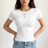 Stretchy Body-Contouring Crew Neck Top-Fitted Short-Sleeve T-Shirt - Women’s Ruched Side Basic T-Shirt