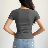 Stretchy Body-Contouring Crew Neck Top-Fitted Short-Sleeve T-Shirt - Women’s Ruched Side Basic T-Shirt