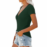 Fitted Henley Top with Ribbed Texture & Button Detail - The Essential Ribbed Henley V - Neck Tee Women’s Blouse - Zeprah