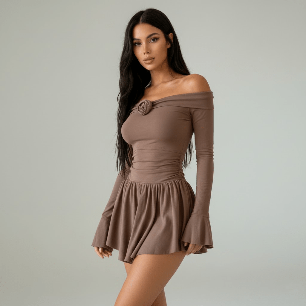 Flared Mini Dress with Off - Shoulder Rose Detail - Zeprah