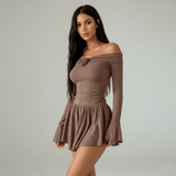 Flared Mini Dress with Off - Shoulder Rose Detail - Zeprah