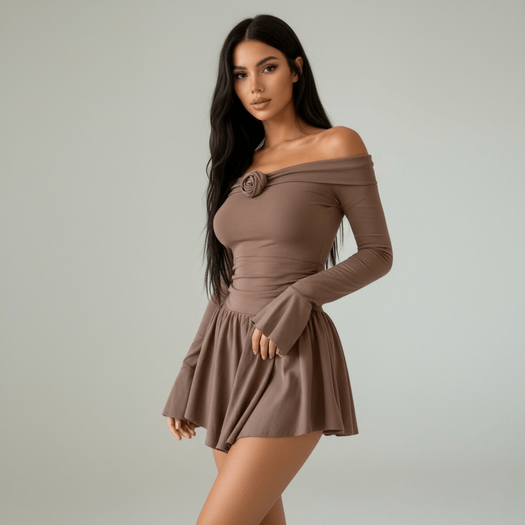 Flared Mini Dress with Off - Shoulder Rose Detail - Zeprah