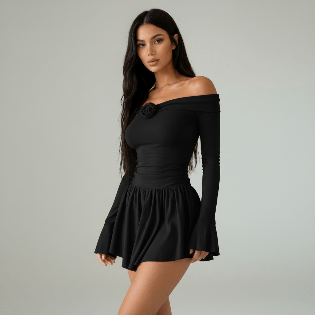 Flared Mini Dress with Off - Shoulder Rose Detail - Zeprah