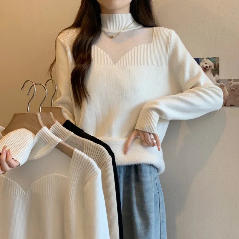 Fleece - Lined Knitted Vintage Anti - Pilling Sweater Women Autumn Winter Integrated Fleece Inner Layer Niche Design Mesh Turtleneck - Zeprah