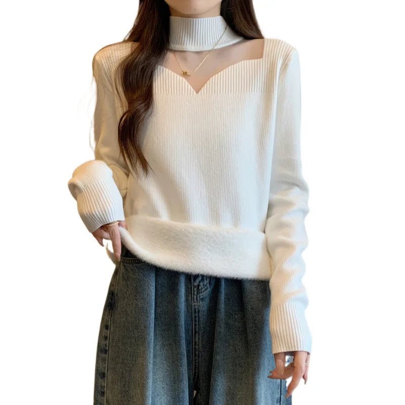 Fleece - Lined Knitted Vintage Anti - Pilling Sweater Women Autumn Winter Integrated Fleece Inner Layer Niche Design Mesh Turtleneck - Zeprah