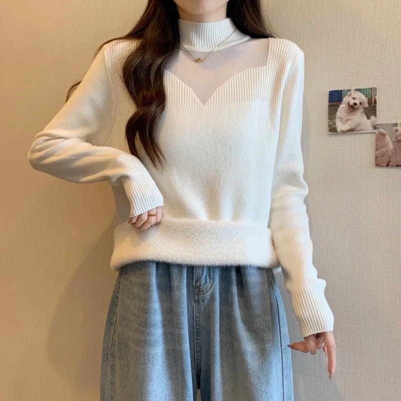 Fleece - Lined Knitted Vintage Anti - Pilling Sweater Women Autumn Winter Integrated Fleece Inner Layer Niche Design Mesh Turtleneck - Zeprah