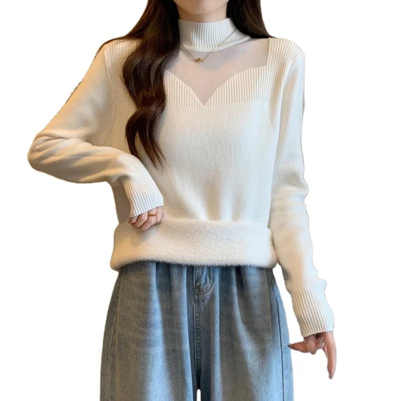 Fleece - Lined Knitted Vintage Anti - Pilling Sweater Women Autumn Winter Integrated Fleece Inner Layer Niche Design Mesh Turtleneck - Zeprah