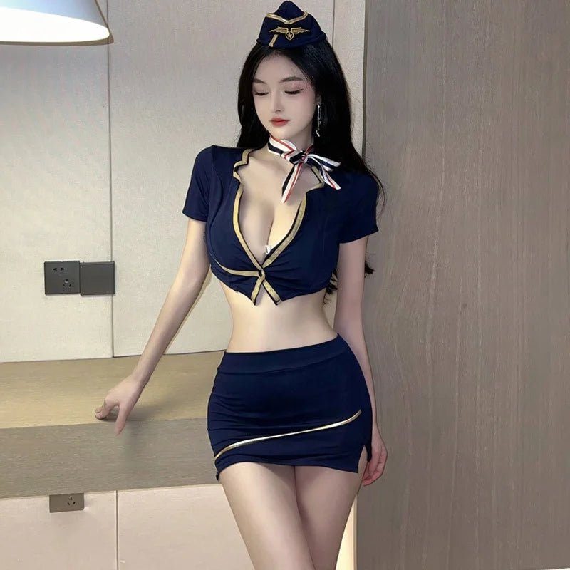 Flight Attendant Uniform with Hat Sexy Costume Uniform Sexy Lingerie Set - Zeprah