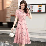 Floral Bow Lace - up Dress Fairy Summer French Niche Short - sleeved Printed Slim Women's Dress - Zeprah