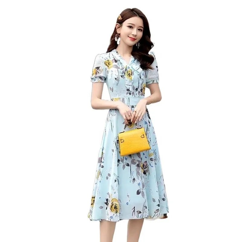 Floral Bow Lace - up Dress Fairy Summer French Niche Short - sleeved Printed Slim Women's Dress - Zeprah