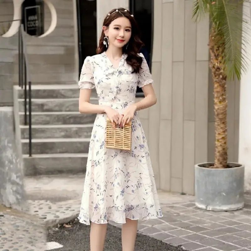 Floral Bow Lace - up Dress Fairy Summer French Niche Short - sleeved Printed Slim Women's Dress - Zeprah