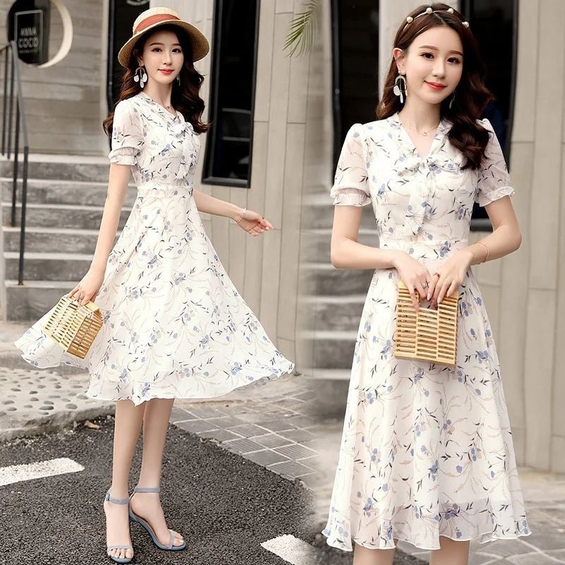 Floral Bow Lace - up Dress Fairy Summer French Niche Short - sleeved Printed Slim Women's Dress - Zeprah