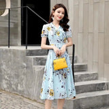 Floral Bow Lace - up Dress Fairy Summer French Niche Short - sleeved Printed Slim Women's Dress - Zeprah