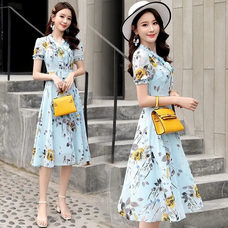 Floral Bow Lace - up Dress Fairy Summer French Niche Short - sleeved Printed Slim Women's Dress - Zeprah