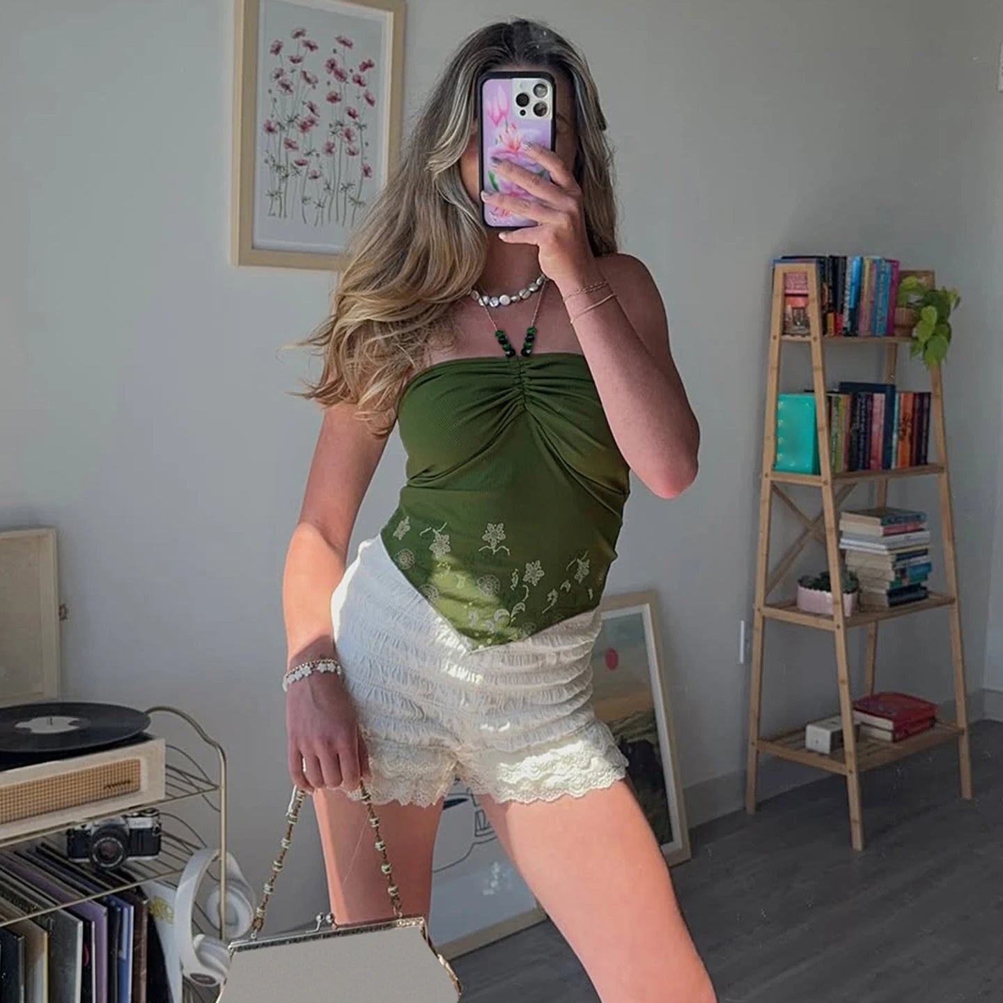 Floral Green Knit Halter Camisole Sexy Backless Cropped Tank Top Irregular Bodycon Sleeveless Vintage Breathable - Zeprah