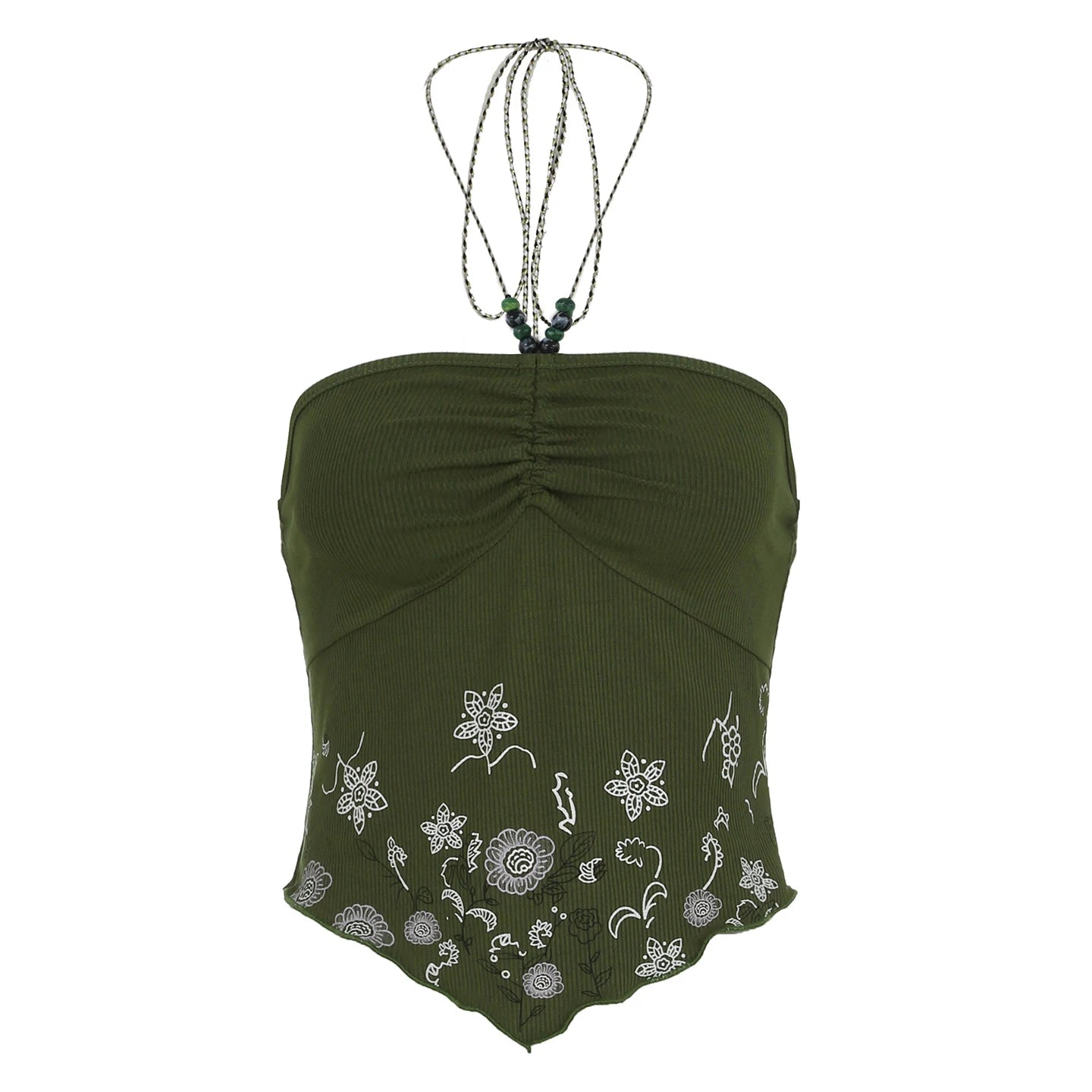 Floral Green Knit Halter Camisole Sexy Backless Cropped Tank Top Irregular Bodycon Sleeveless Vintage Breathable - Zeprah