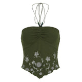 Floral Green Knit Halter Camisole Sexy Backless Cropped Tank Top Irregular Bodycon Sleeveless Vintage Breathable - Zeprah