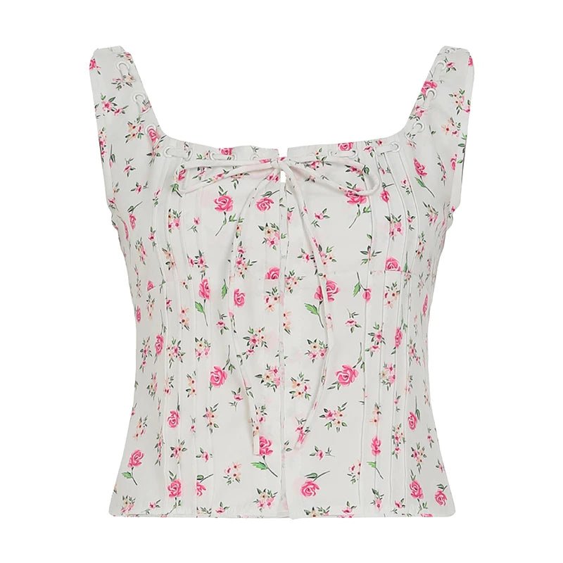 Floral Print Breathable Knitted Eco - Friendly Spandex/Polyester Collarless Sweet Cami Tie Shoulder Straps Color Block Top - Zeprah